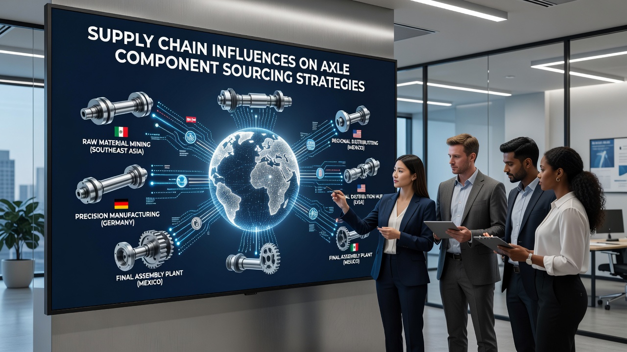 Global supply chain network for automotive axle components showing factories, shipping routes, and material flows
